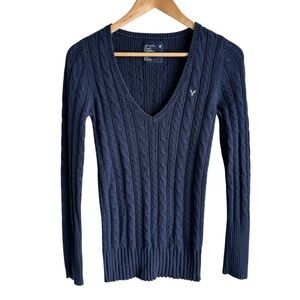Y2K 2009 American Eagle V-Neck Sweater Womens M Navy Cableknit Preppy Academia